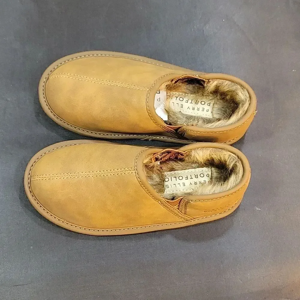 BRAND NEW PERRY ELLIS ROUND-TOE FAUX FUR INSOLE KIDS SLIPPERS